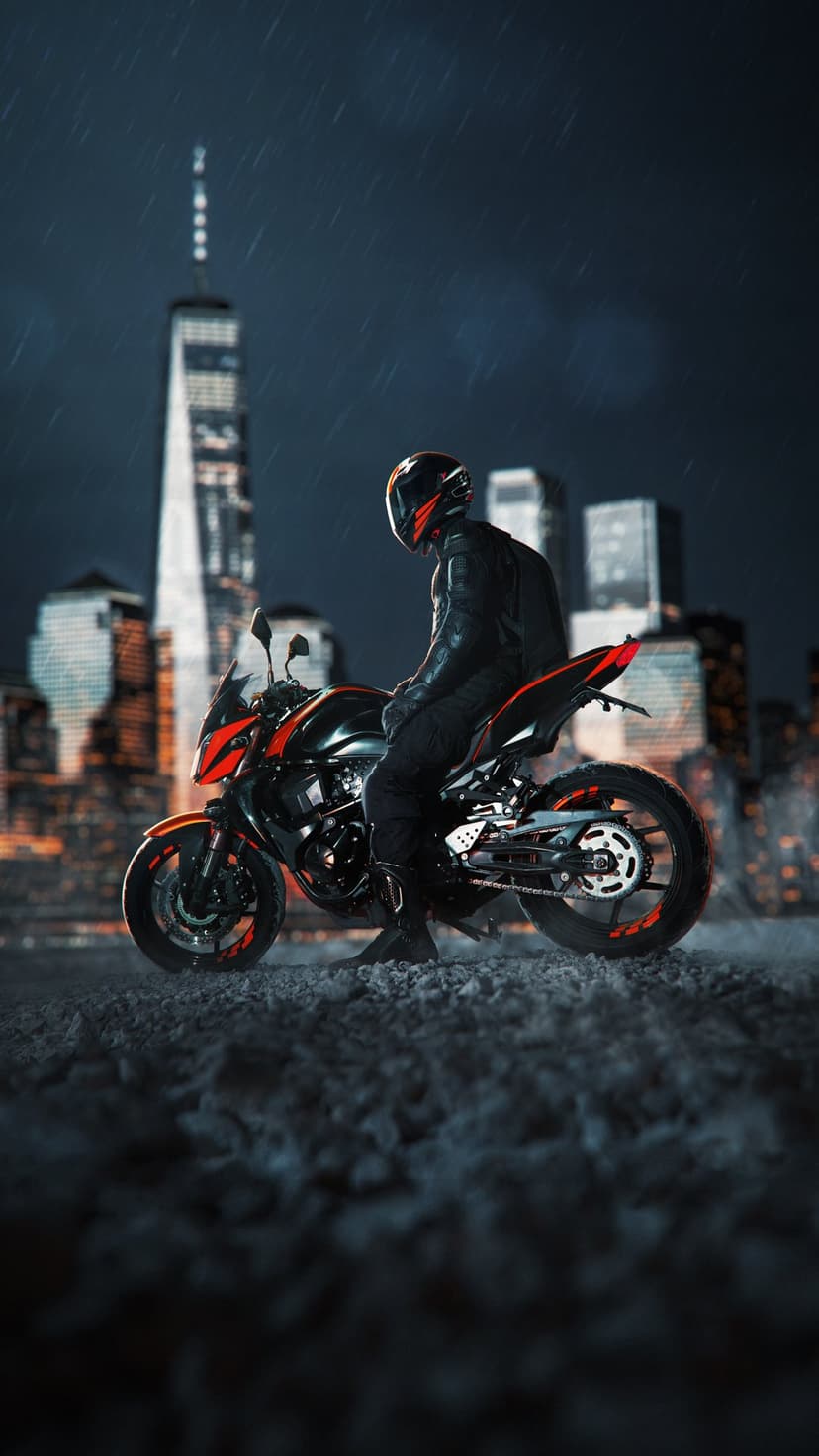 Motorcyclist in black leather on a sportbike sits in a rainy city at night with blurred neon lights behind.