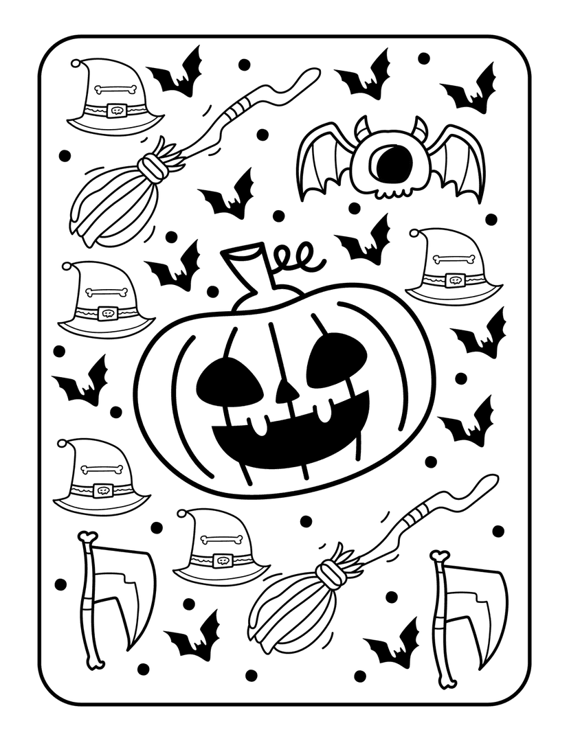 Halloween coloring page featuring pumpkins bats witch hats and stars in clean black vector line art style.