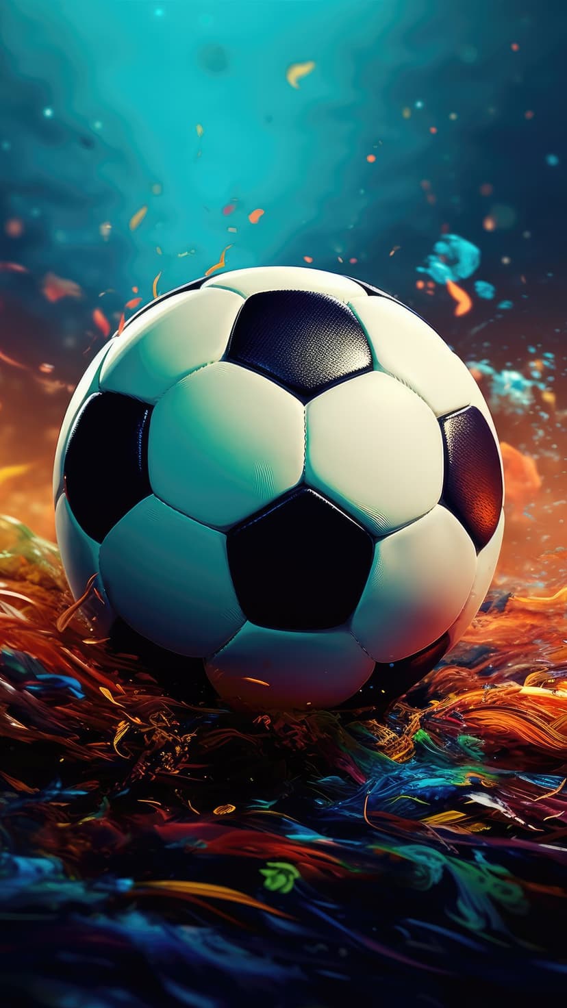 Soccer ball centered in a swirling explosion of vibrant orange and blue energy wisps against a dark background.