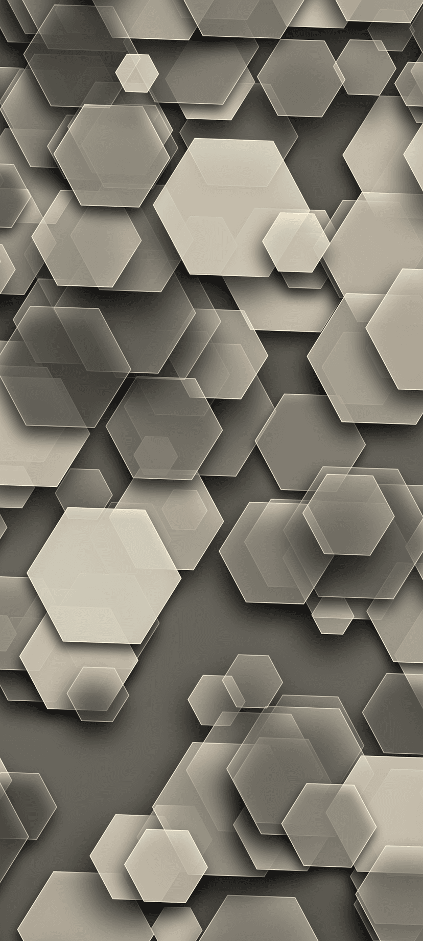 Overlapping grey and beige hexagons with subtle shadows and gradients creating a three-dimensional pattern.