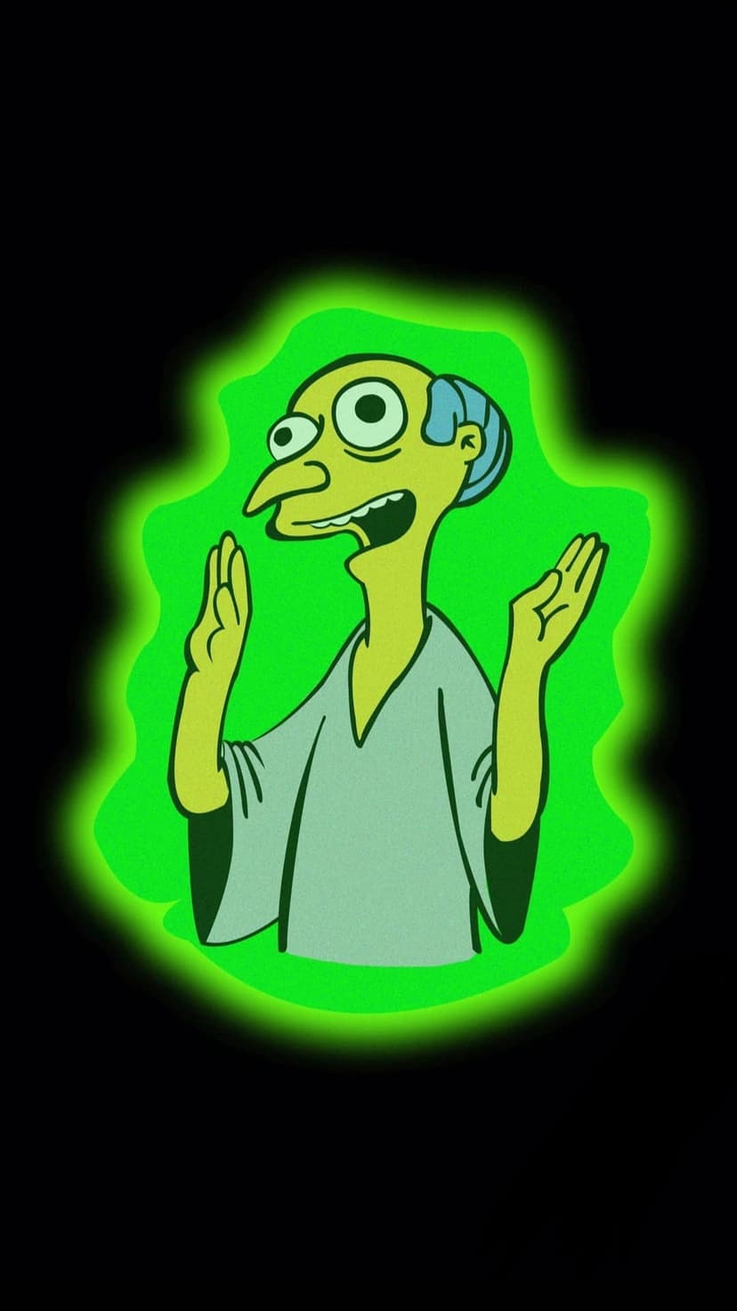 Montgomery Burns raises his hands with a joyful expression while surrounded by a neon green glowing aura.
