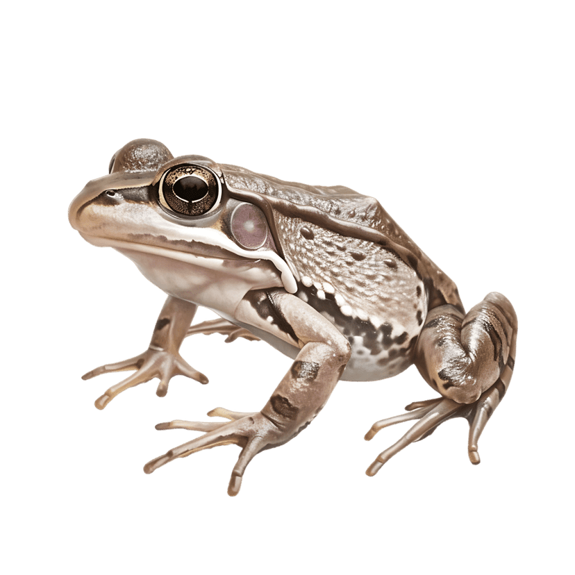 Brown frog macro profile showing golden eyes and textured skin against a dark studio background with webbed feet.