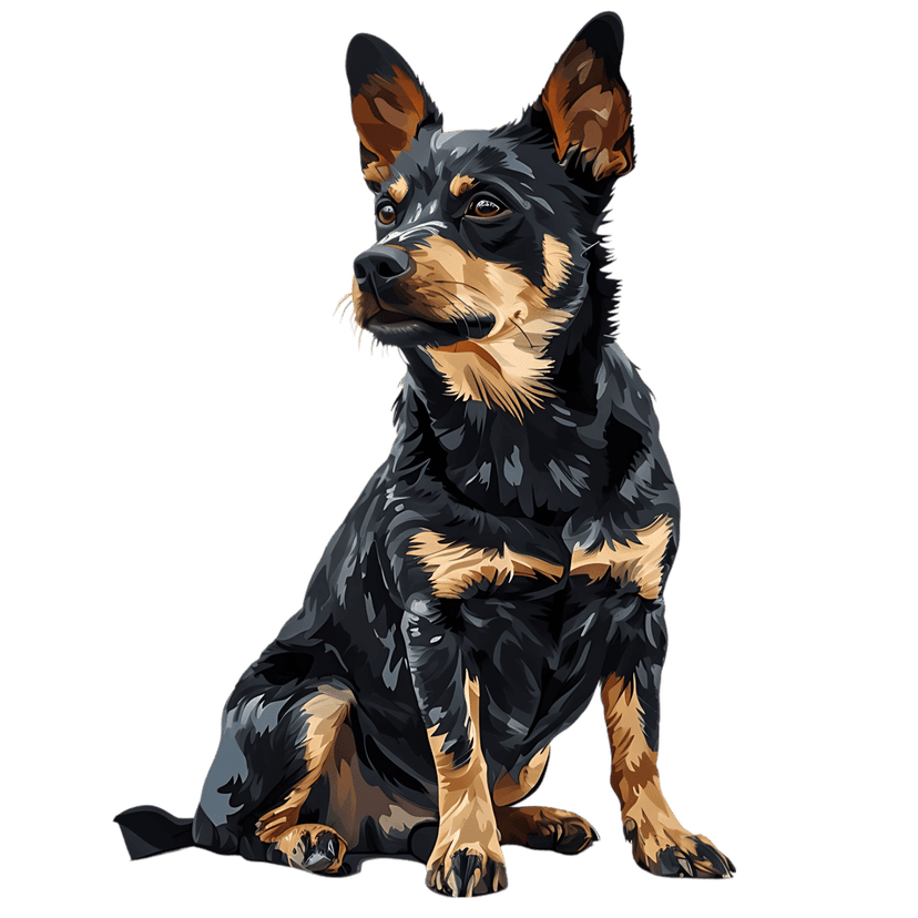 Australian Kelpie dog sitting in an alert pose with tan markings and sharp fur texture on a black background.