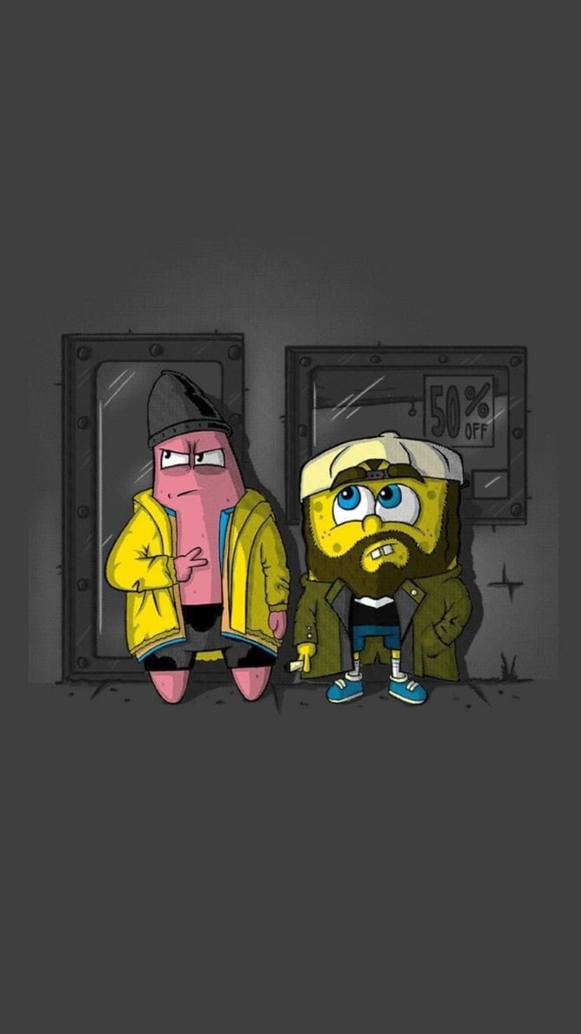 Patrick Star and SpongeBob SquarePants dressed as Jay and Silent Bob stand before a sale sign in a city alleyway.