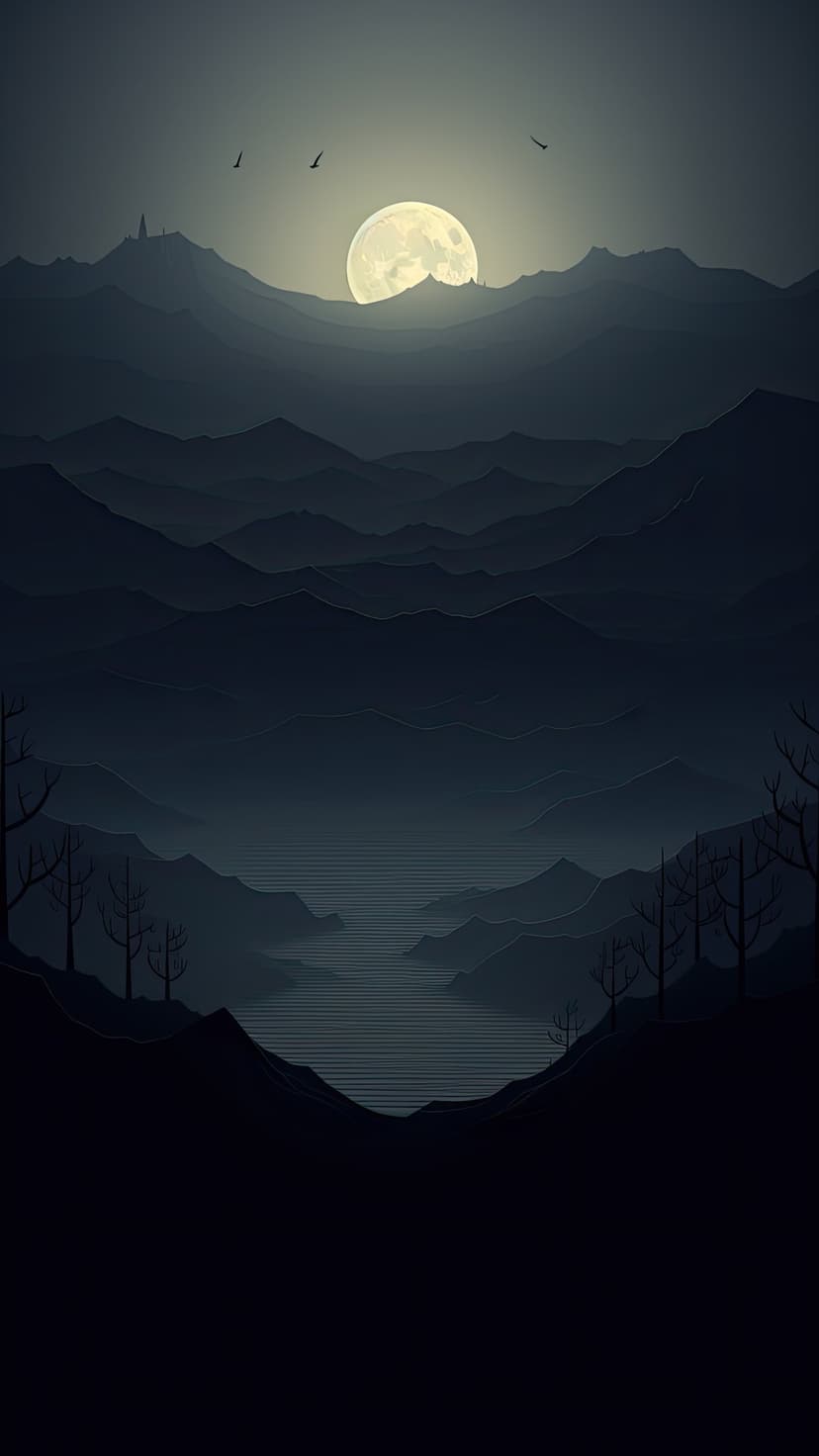 A glowing full moon hangs over layered mountain silhouettes and a winding river with birds flying in the sky.