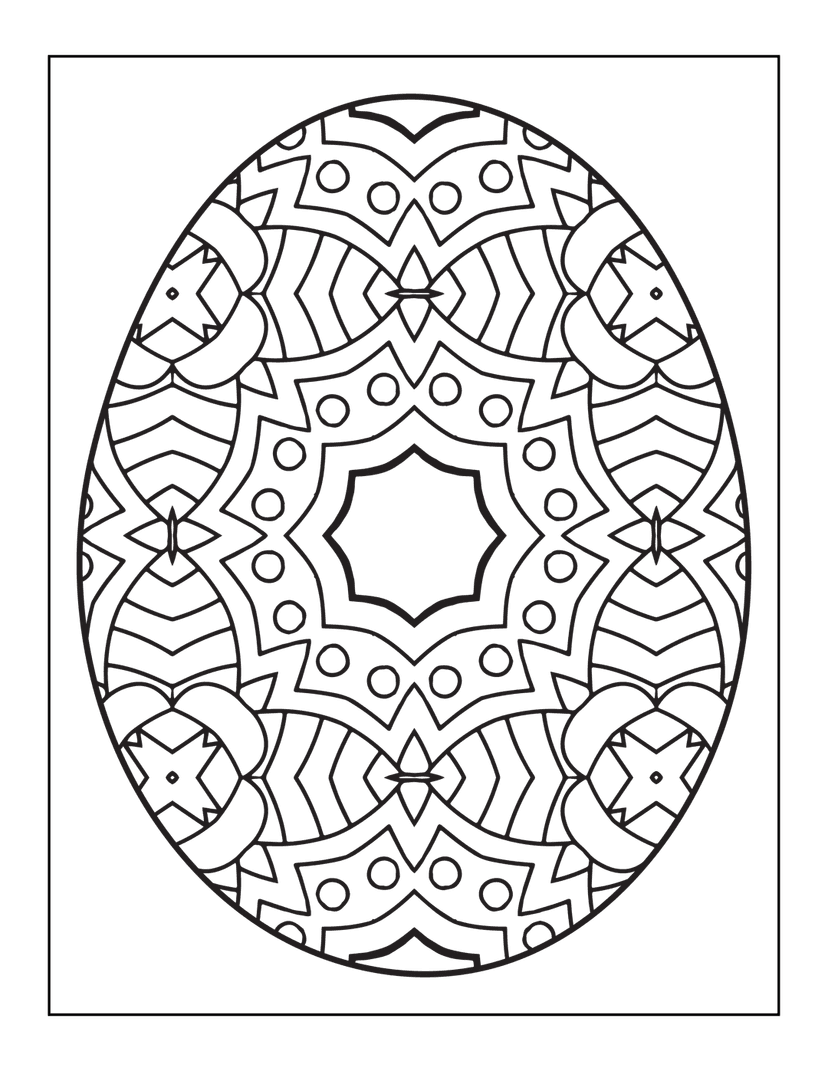 Mandala Easter egg outline shows a symmetrical black ink pattern on a white background with crisp linework.