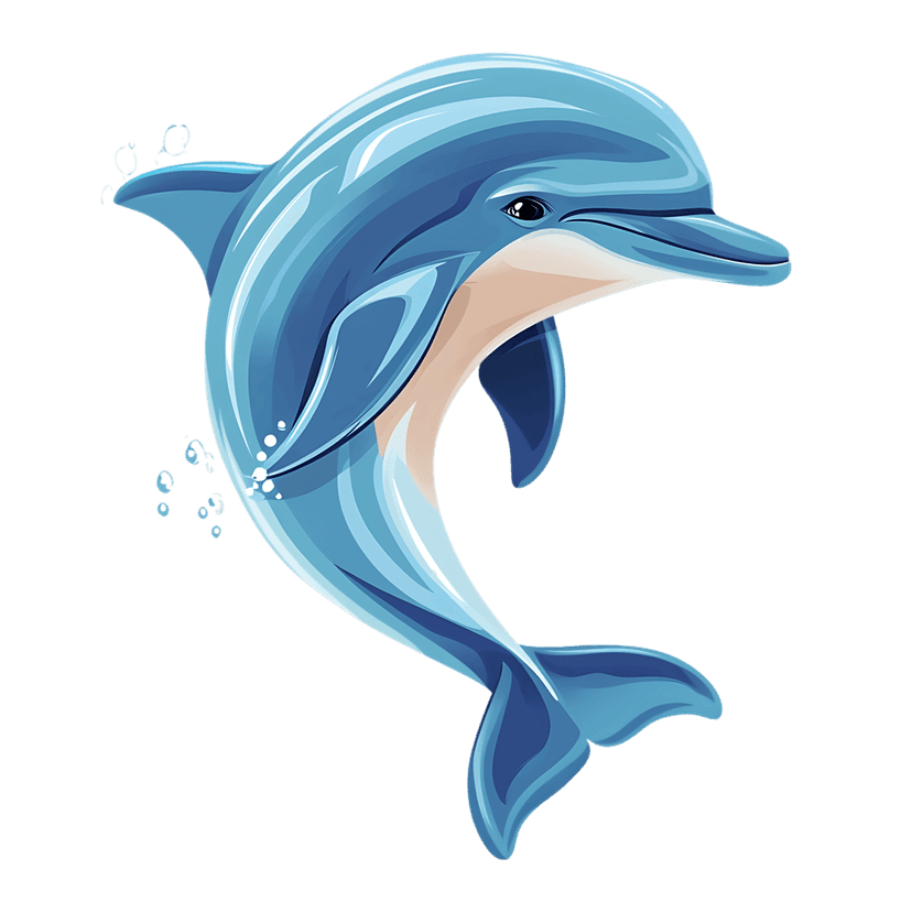Blue dolphin leaping upwards with small bubbles trailing behind its body in a stylized digital illustration style.