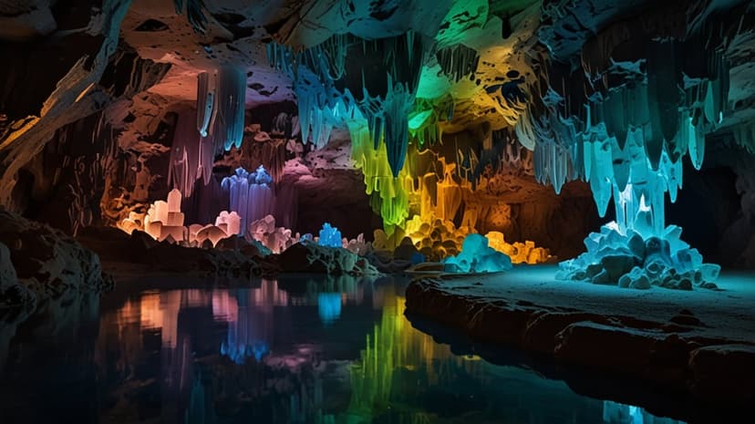 Rainbow stalactites glow above a mirrored cavern pool, featuring sharp crystal textures and vibrant neon hues.
