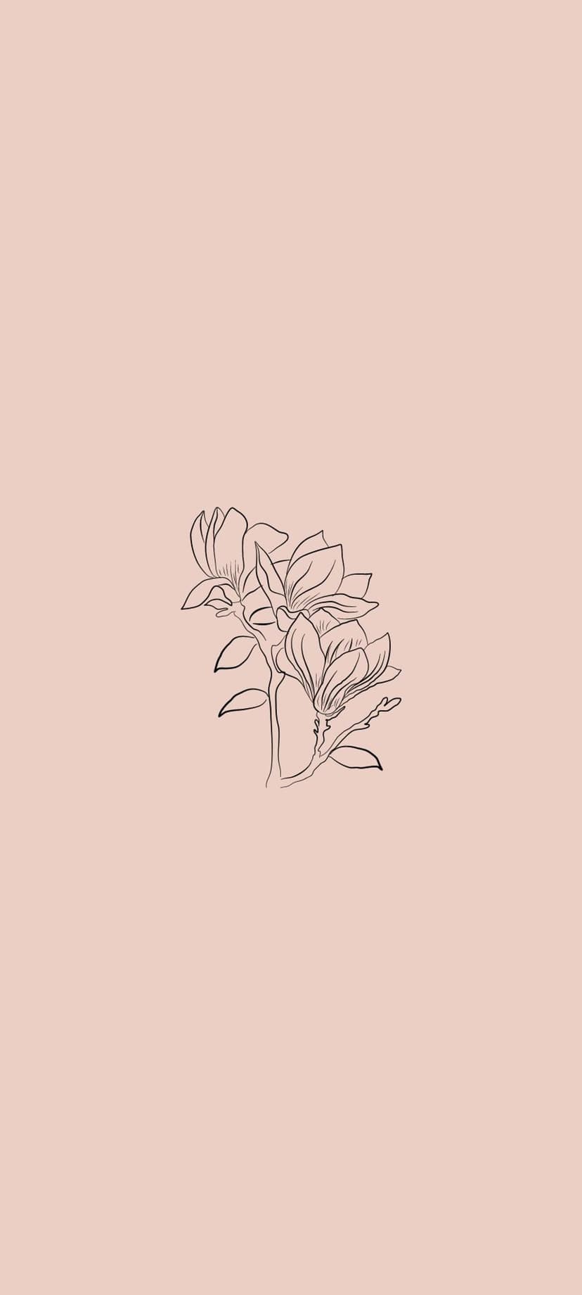 Magnolia flower outlines in black ink appear over a solid blush pink surface in this vertical floral design.