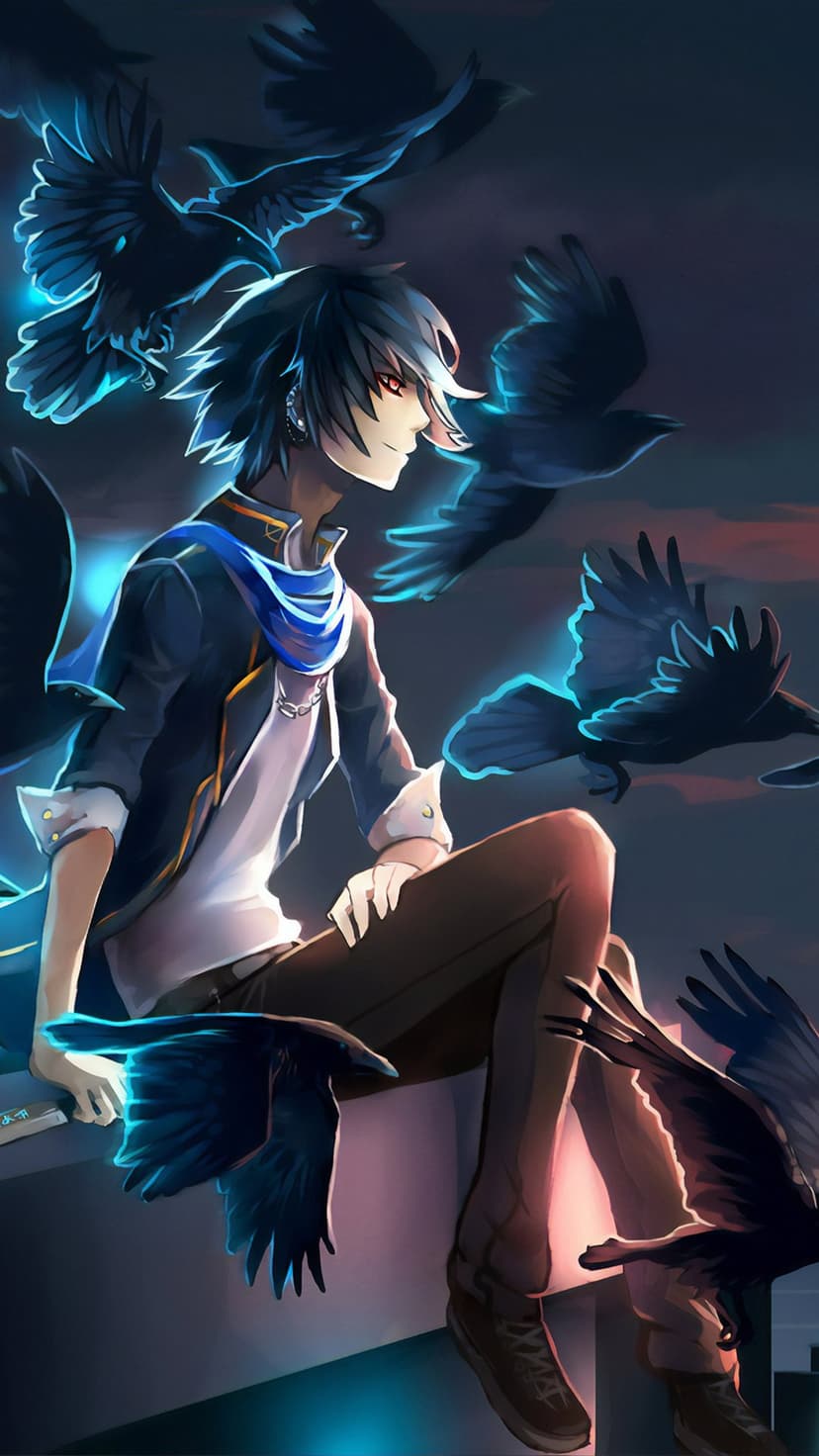 Dark-haired boy with red eyes sits surrounded by black crows outlined in glowing blue light during twilight.