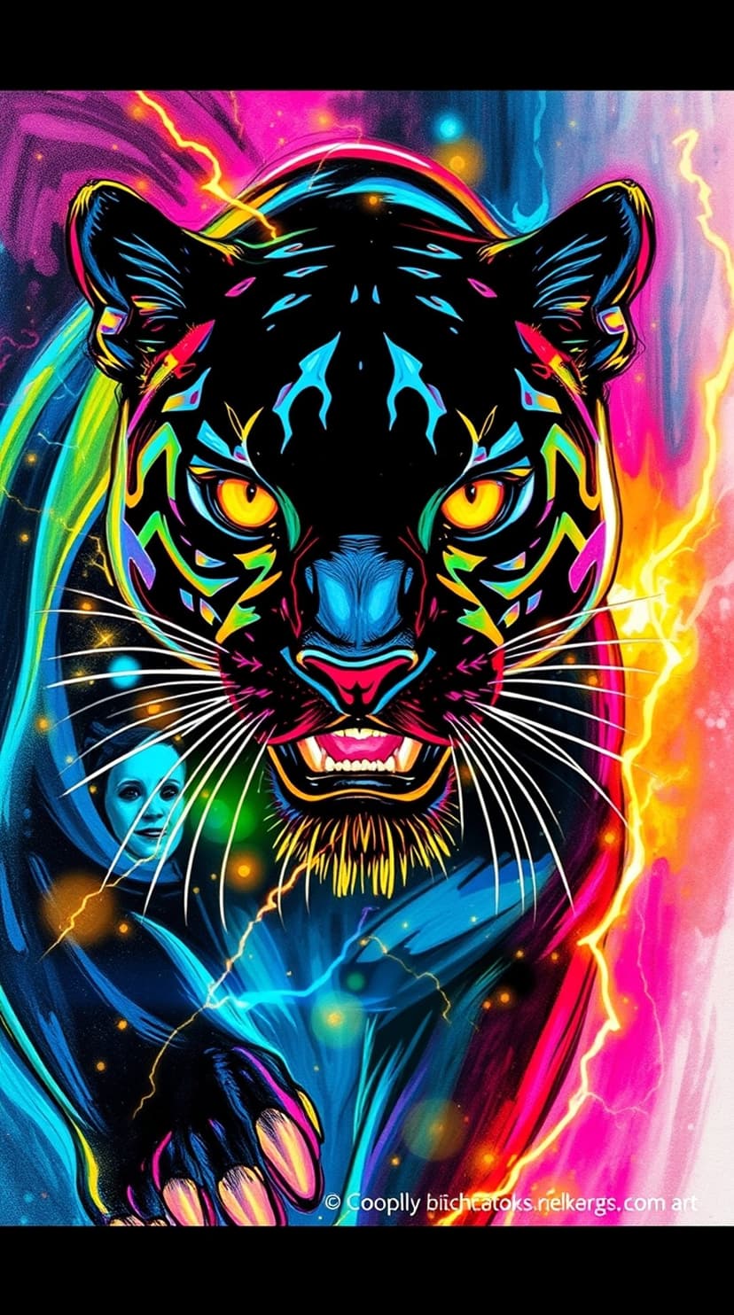 Black panther with glowing yellow eyes roars amidst neon blue lightning and a psychedelic pink background.