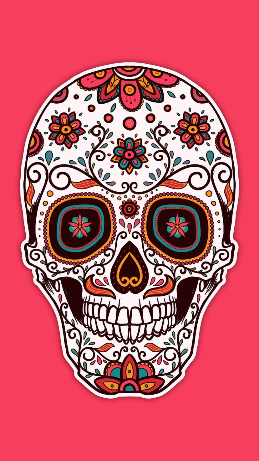 Sugar skull decorated with colorful floral patterns and swirling vines on a high-contrast dark background.