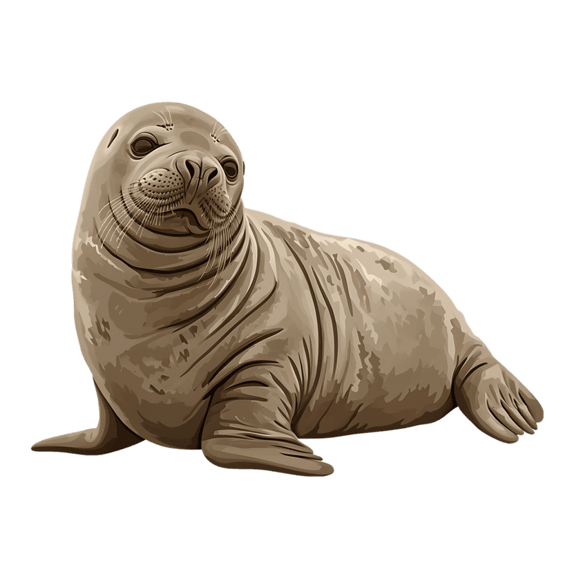 Realistic seal illustration rests against a dark background, showing wet grey skin, whiskers, and dark eyes.