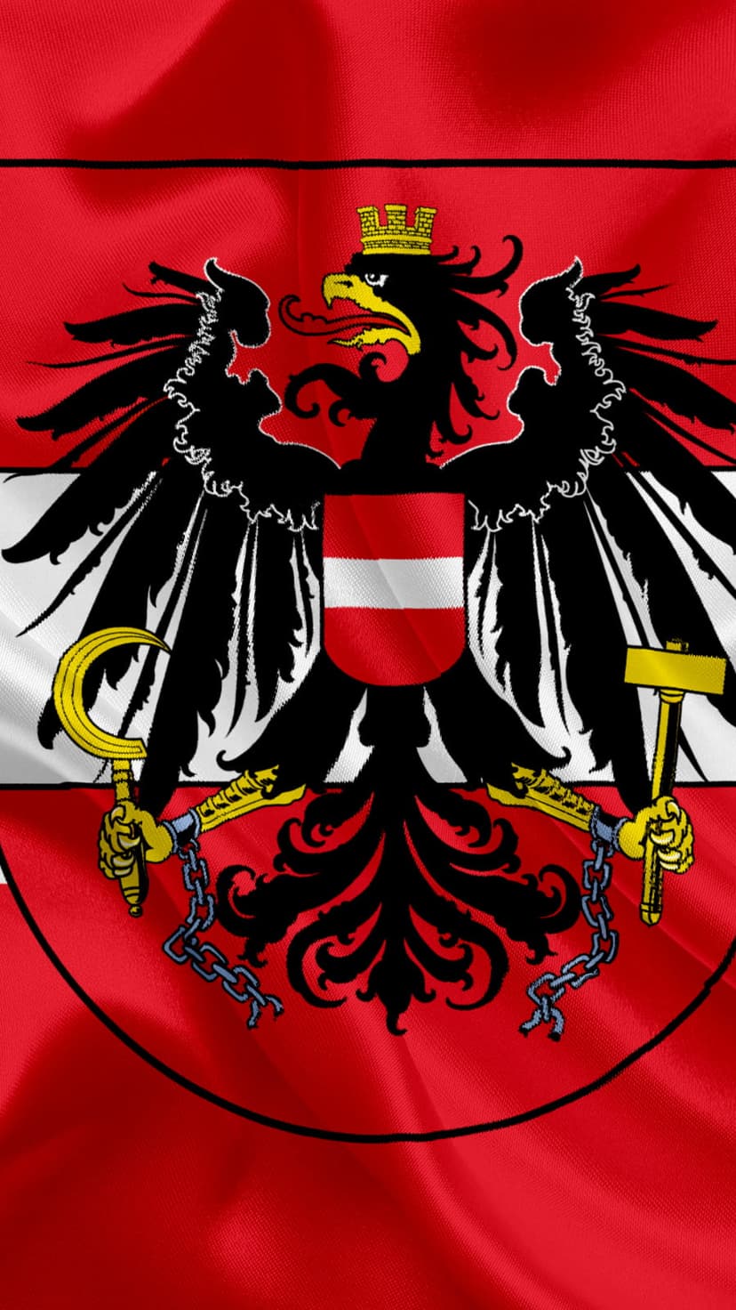 Black heraldic eagle with a golden crown and red shield centered on the Austrian flag's red and white stripes.