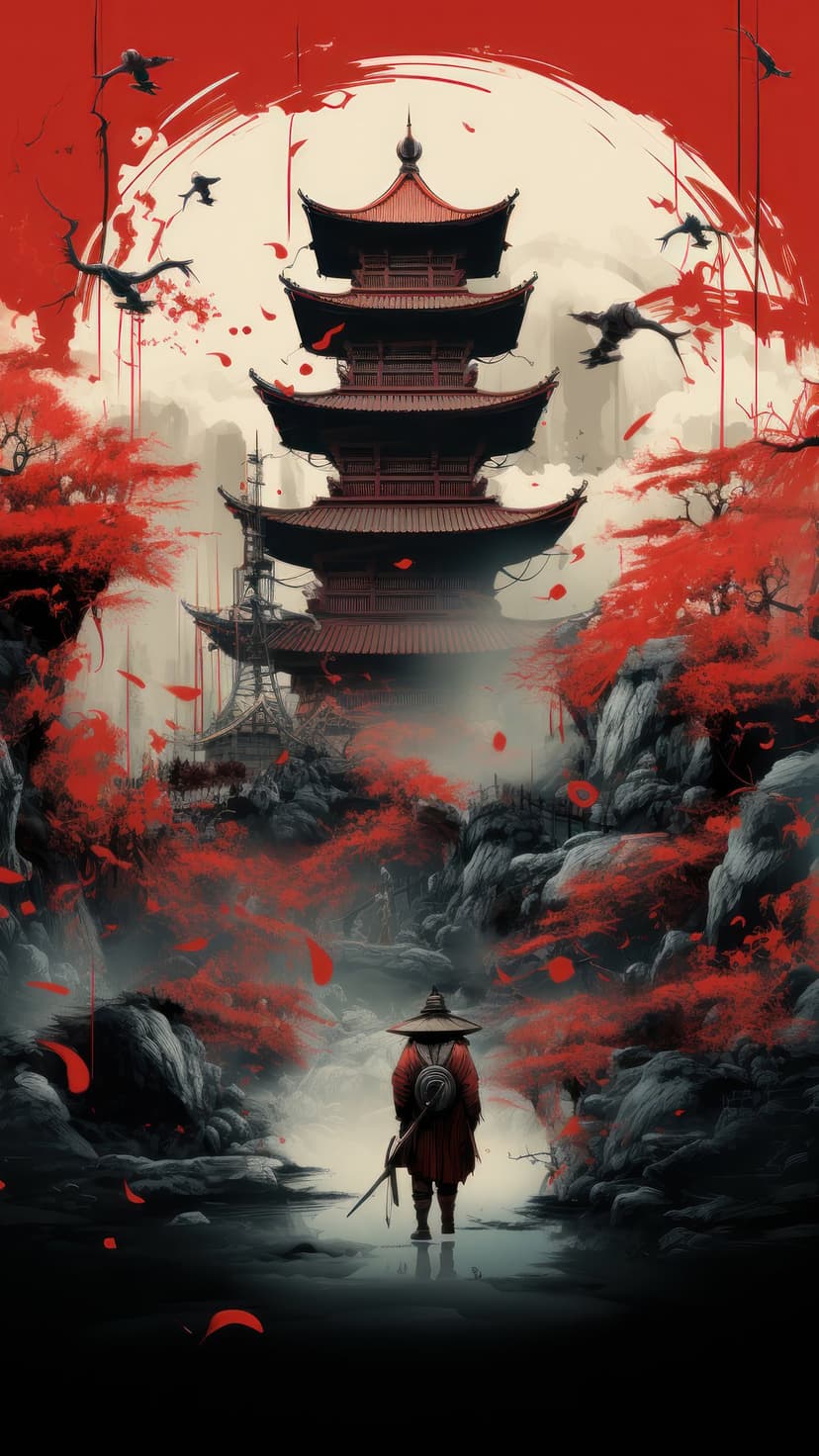 Samurai in red robes and a conical hat stands near a tall pagoda amidst falling blossoms and thick mountain mist.