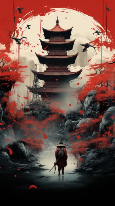 Crimson Samurai Near Ancient Pagoda Mobile Wallpaper