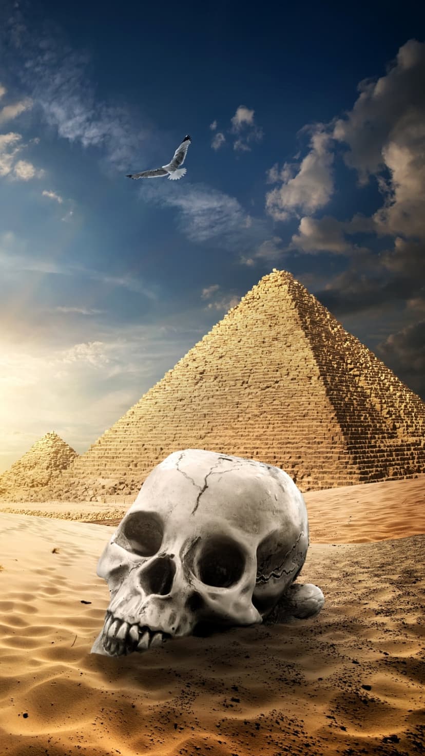 Human skull half-buried in golden sand with Egyptian pyramids and a soaring bird under a cloudy sky.