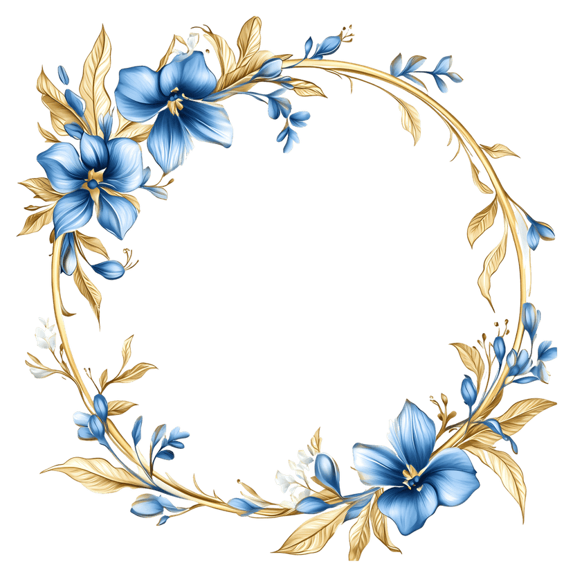 Gold floral wreath metallic frame featuring yellow flower petals and green leaves against a transparent background.