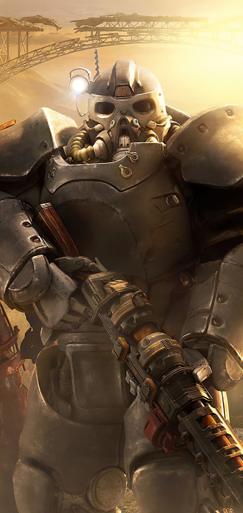 T-51 power armor holding an energy rifle in a dusty desert landscape with a ruined bridge and bright sun.