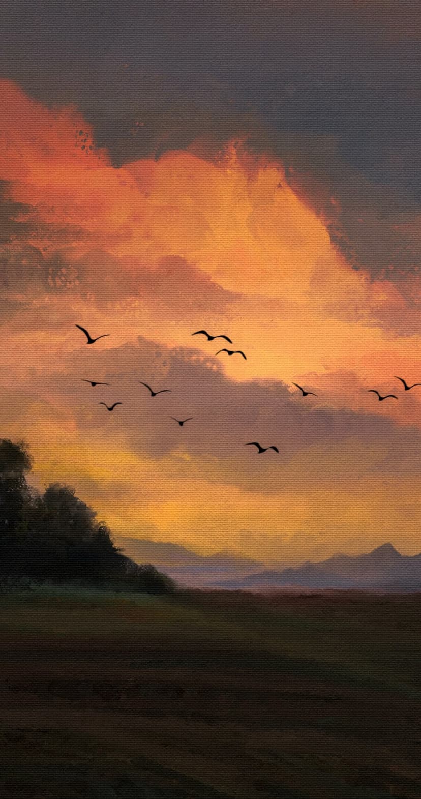 Silhouetted birds fly in formation above a glowing orange field and distant mountains under a cloudy twilight sky.