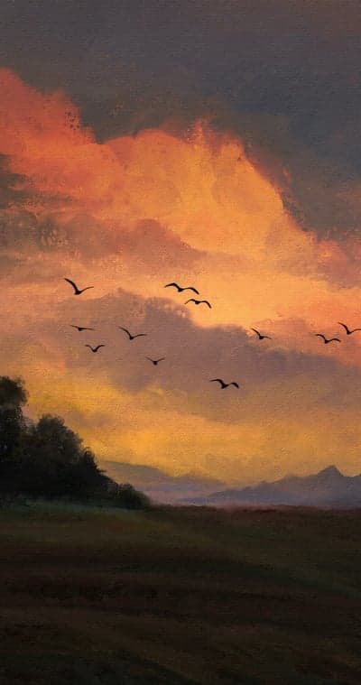 Birds Flying Over Sunset Field Painting