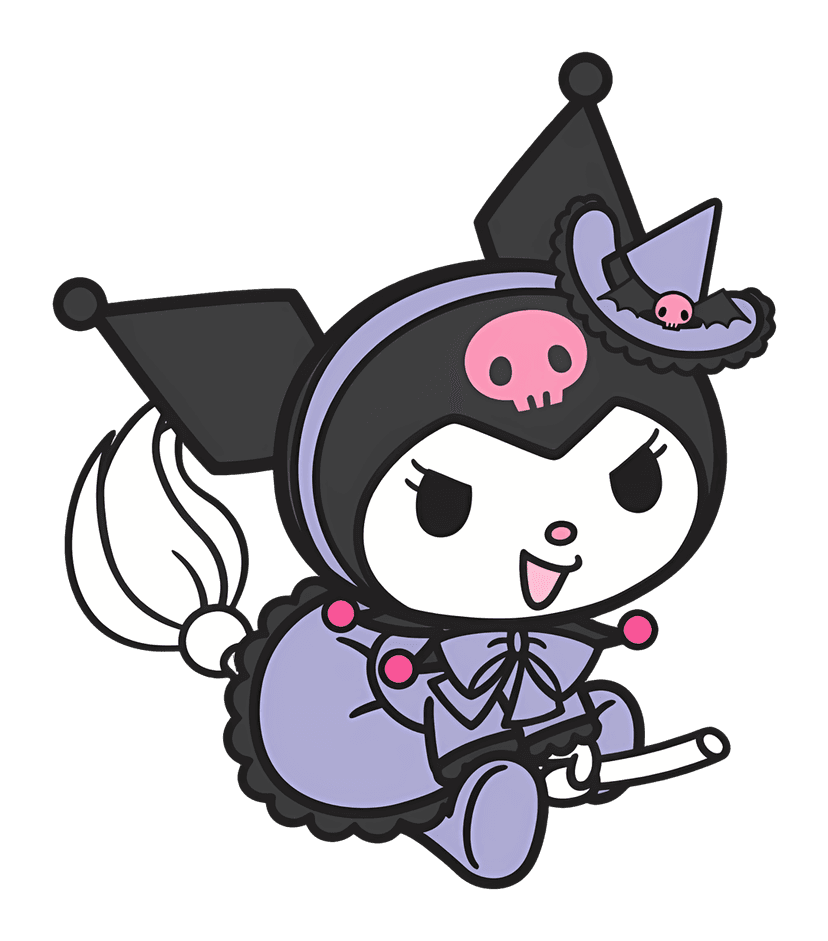 Kuromi witch character wearing a pointed black hat with a pink skull holding a wooden broomstick.