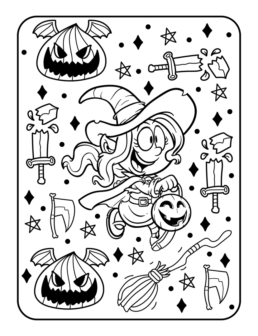 Halloween witch coloring page featuring pumpkin buckets, scythes, stars, and sharp line art outlines for kids.