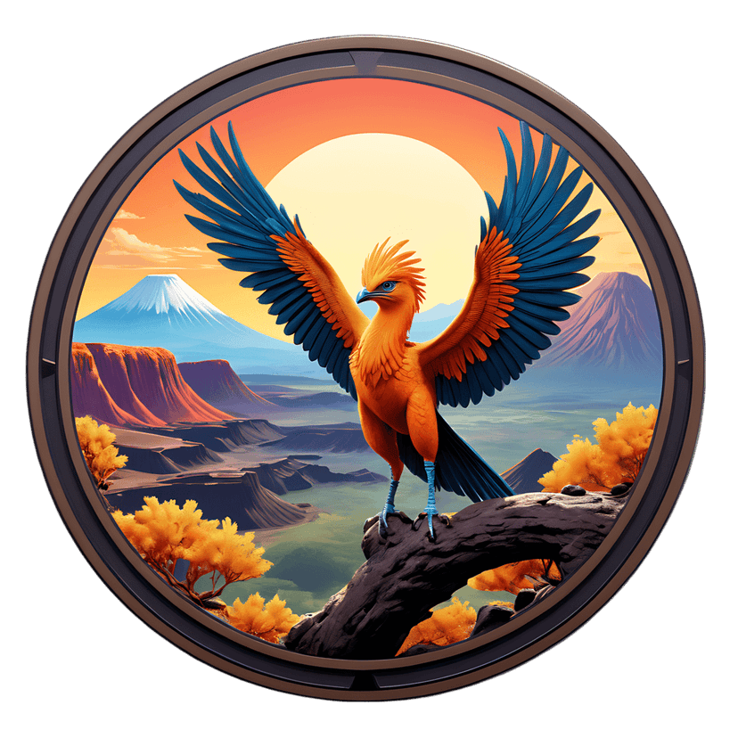 Orange phoenix bird sticker illustration perches on a log against a circular mountain sunset background.