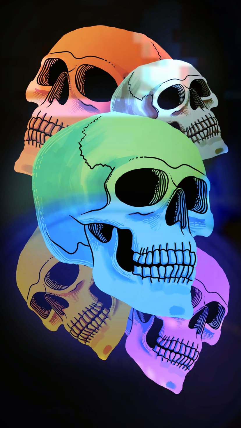 Glowing skulls with vibrant neon outlines float layered against a dark, smoky and atmospheric background.