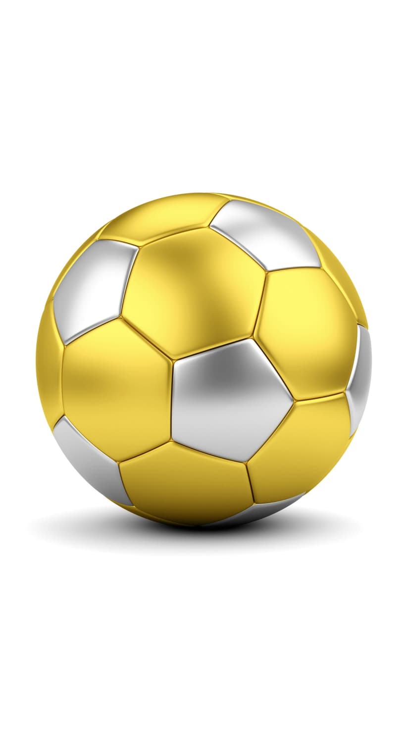 Polished gold and silver soccer ball showing reflective hexagonal panels against a clean, neutral background.
