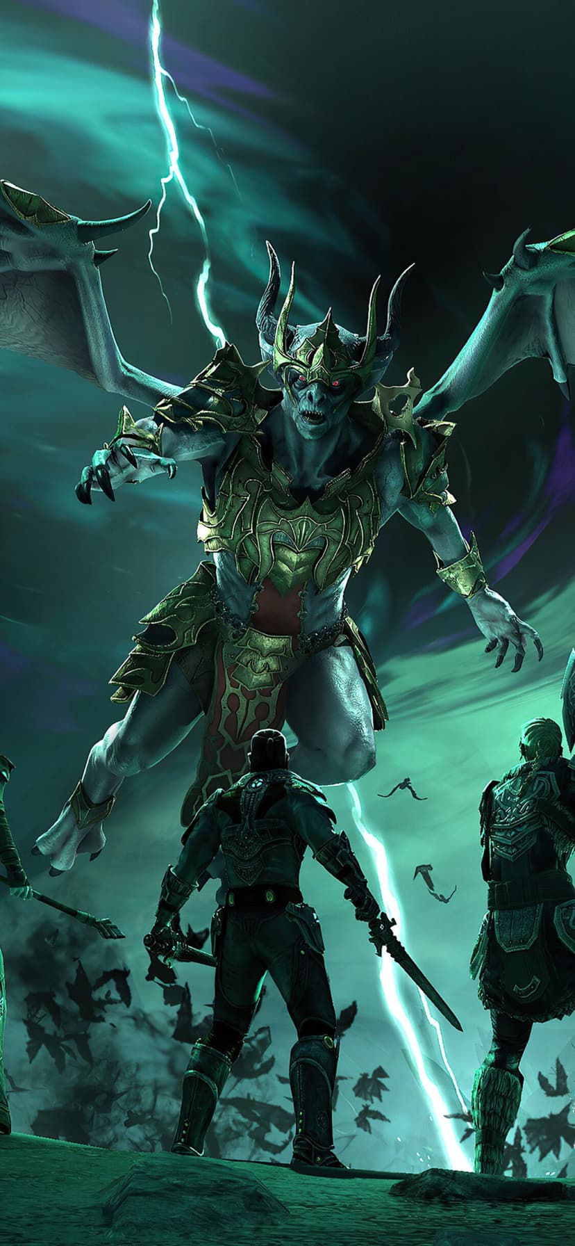 Winged Vampire Lord with red eyes looms over armored warriors amidst teal lightning and swarming bats.