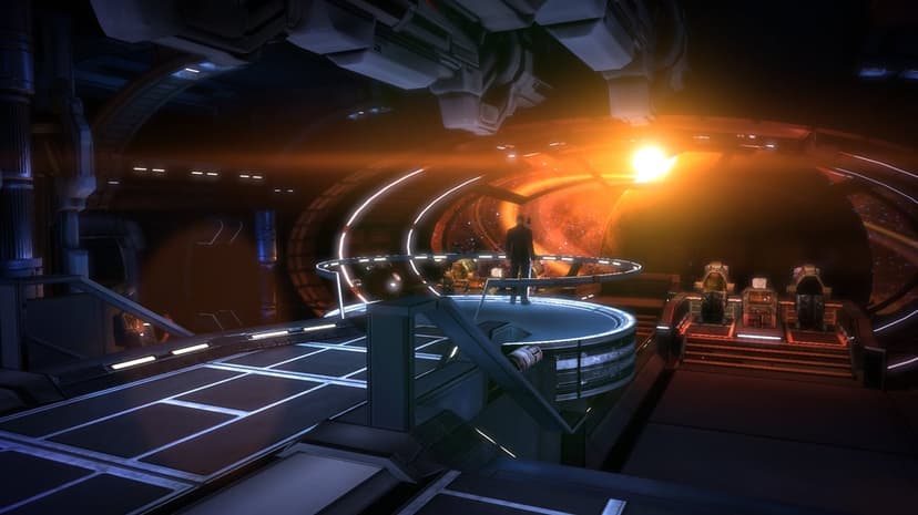 Man in a suit overlooks a massive orange sun and planet from a futuristic spaceship observation deck.