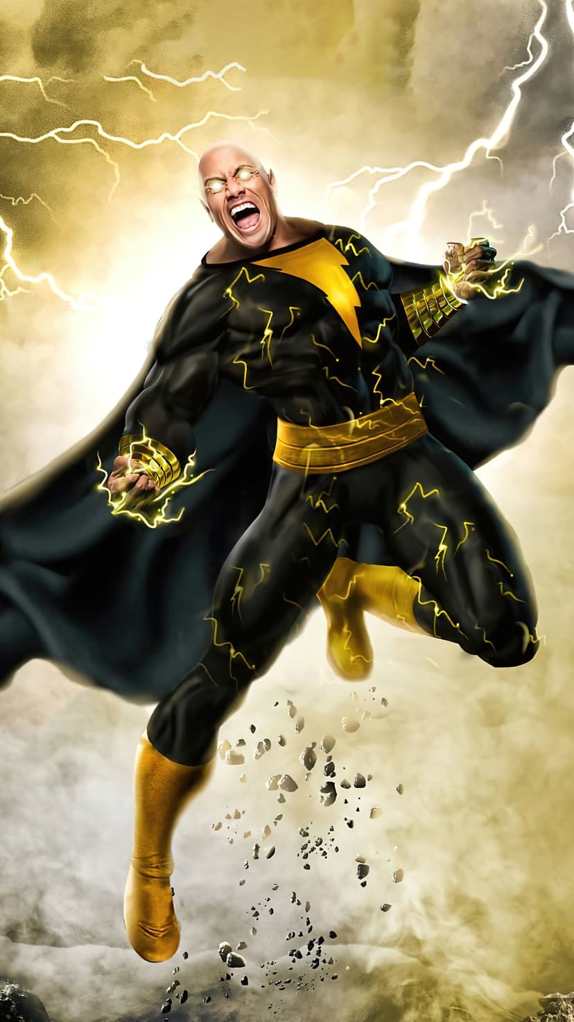 Black Adam floats with clenched fists as yellow lightning bolts erupt around his black and gold superhero suit.
