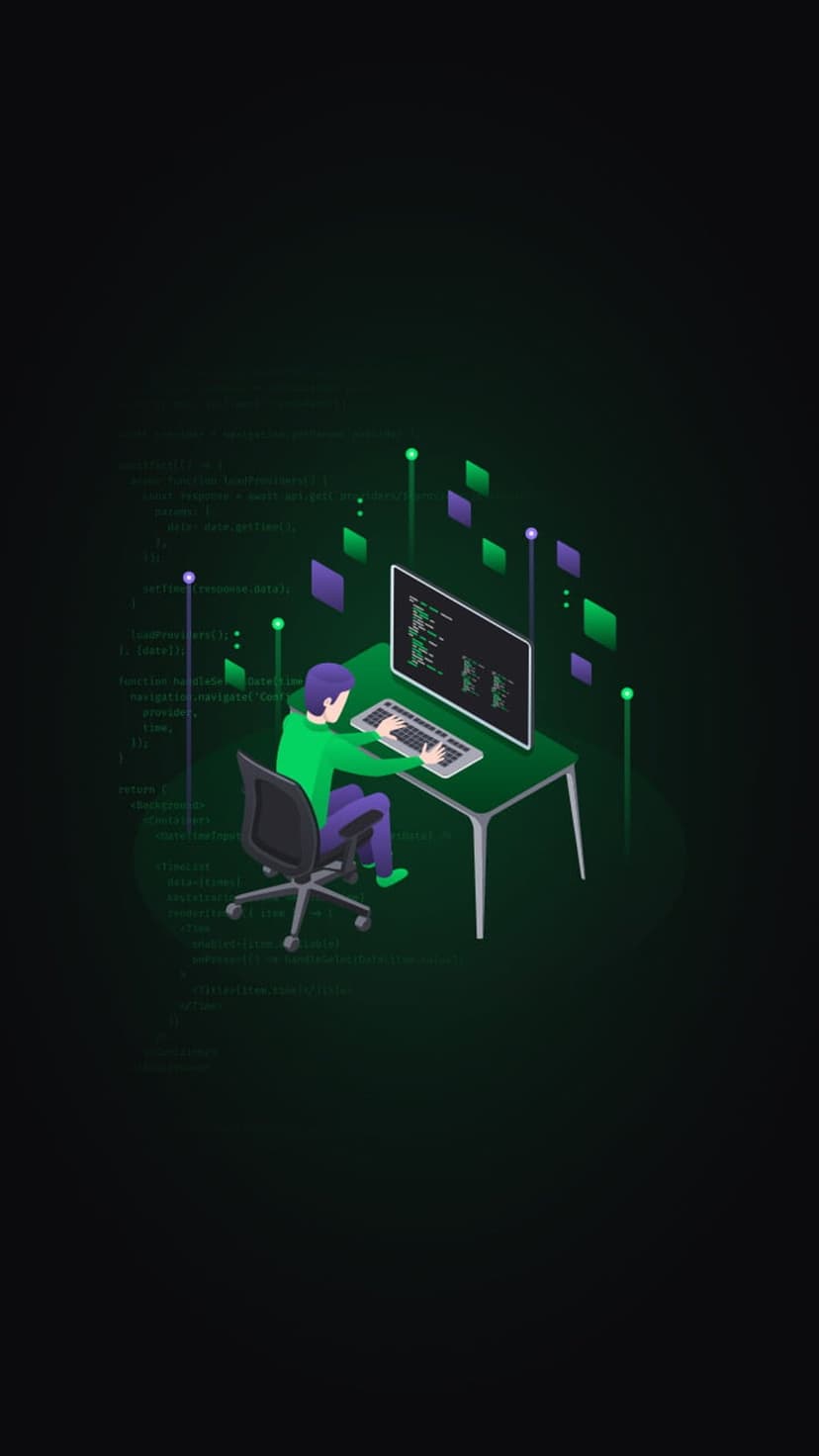 Programmer at an isometric desk surrounded by glowing green code lines and purple geometric shapes in the dark.