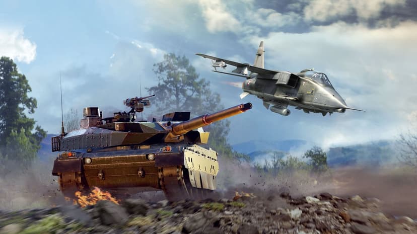 Main battle tank and a fighter jet in a cinematic desert combat scene with fire, dust, and dramatic clouds.