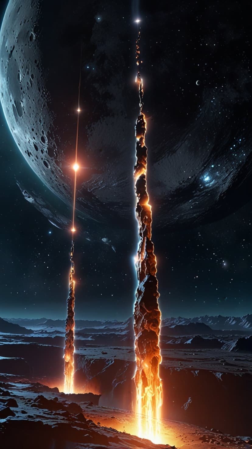 Jagged rock spires glowing with orange lava stand under a massive cratered moon in a dark starry nebula sky.
