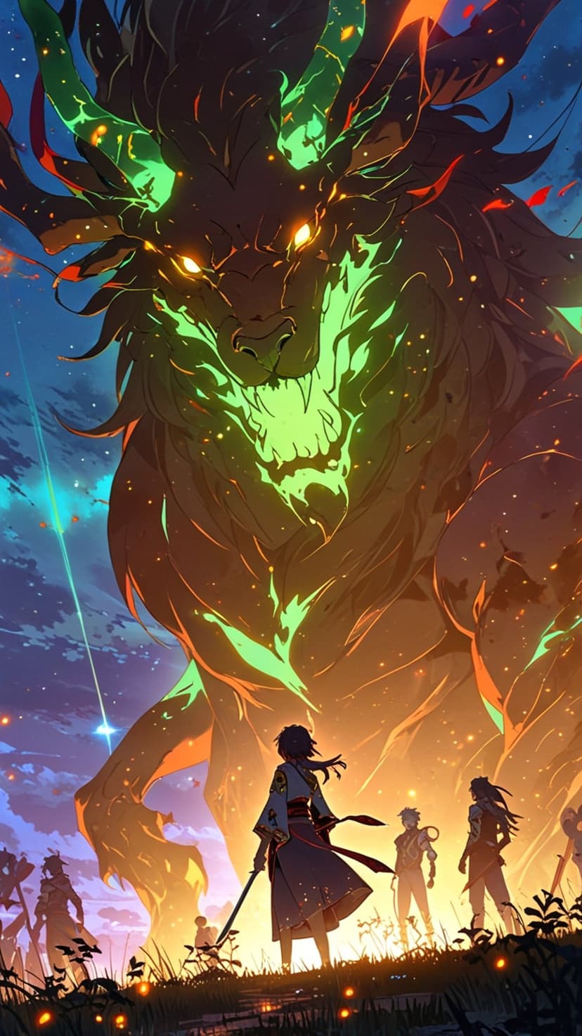Giant bioluminescent green dragon towering over a group of silhouetted heroes under a dramatic dusk sky.