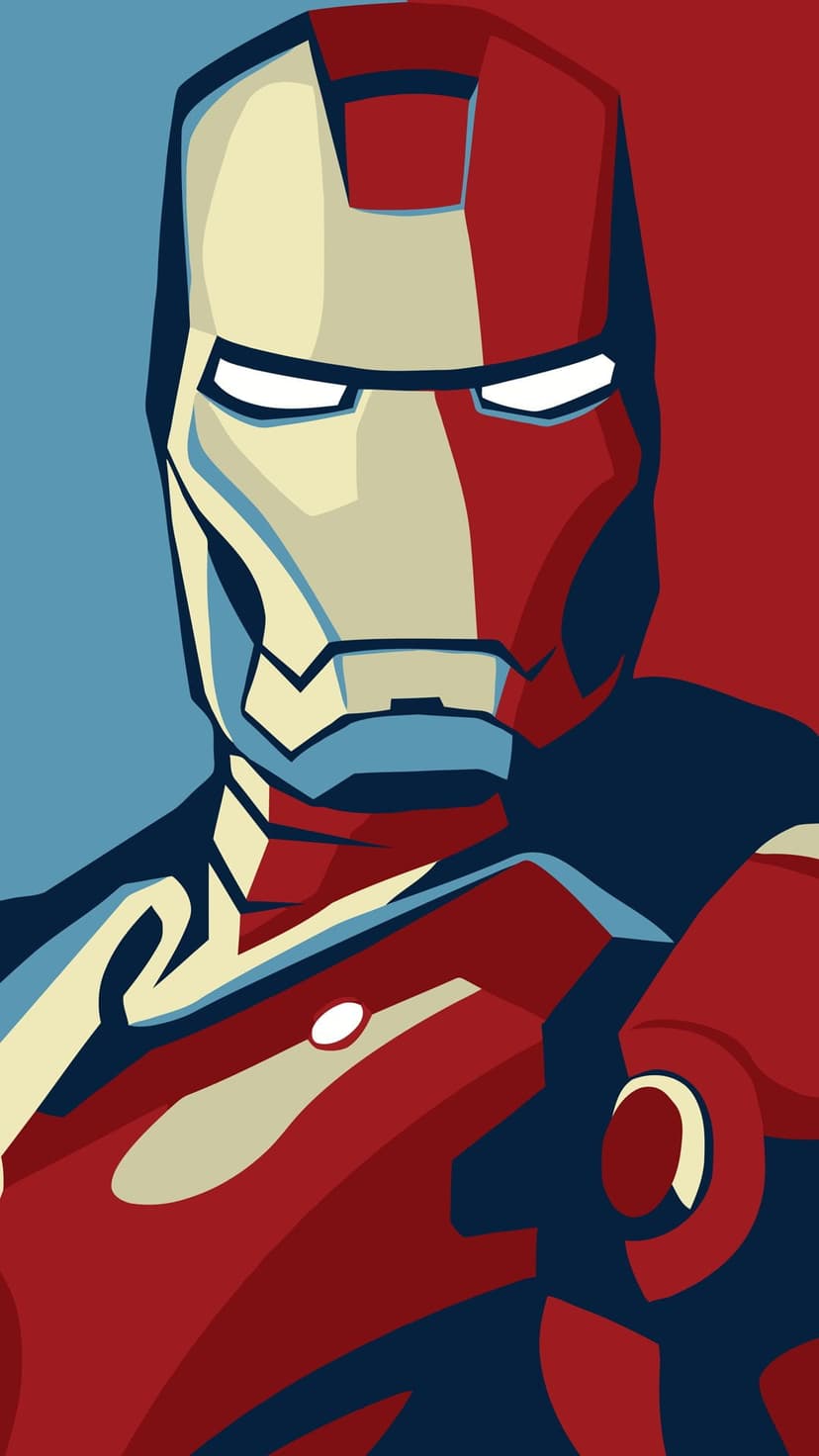Iron Man's mask and chest plate rendered in bold red and yellow geometric shapes with sharp blue highlights.