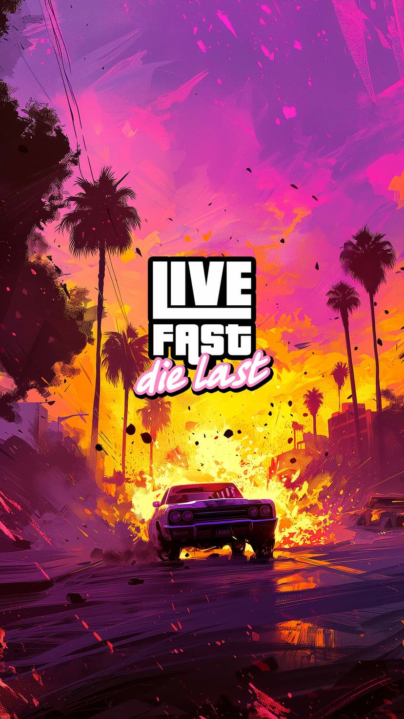 Vintage muscle car exploding into a massive fireball against a vibrant purple and orange neon sunset sky.