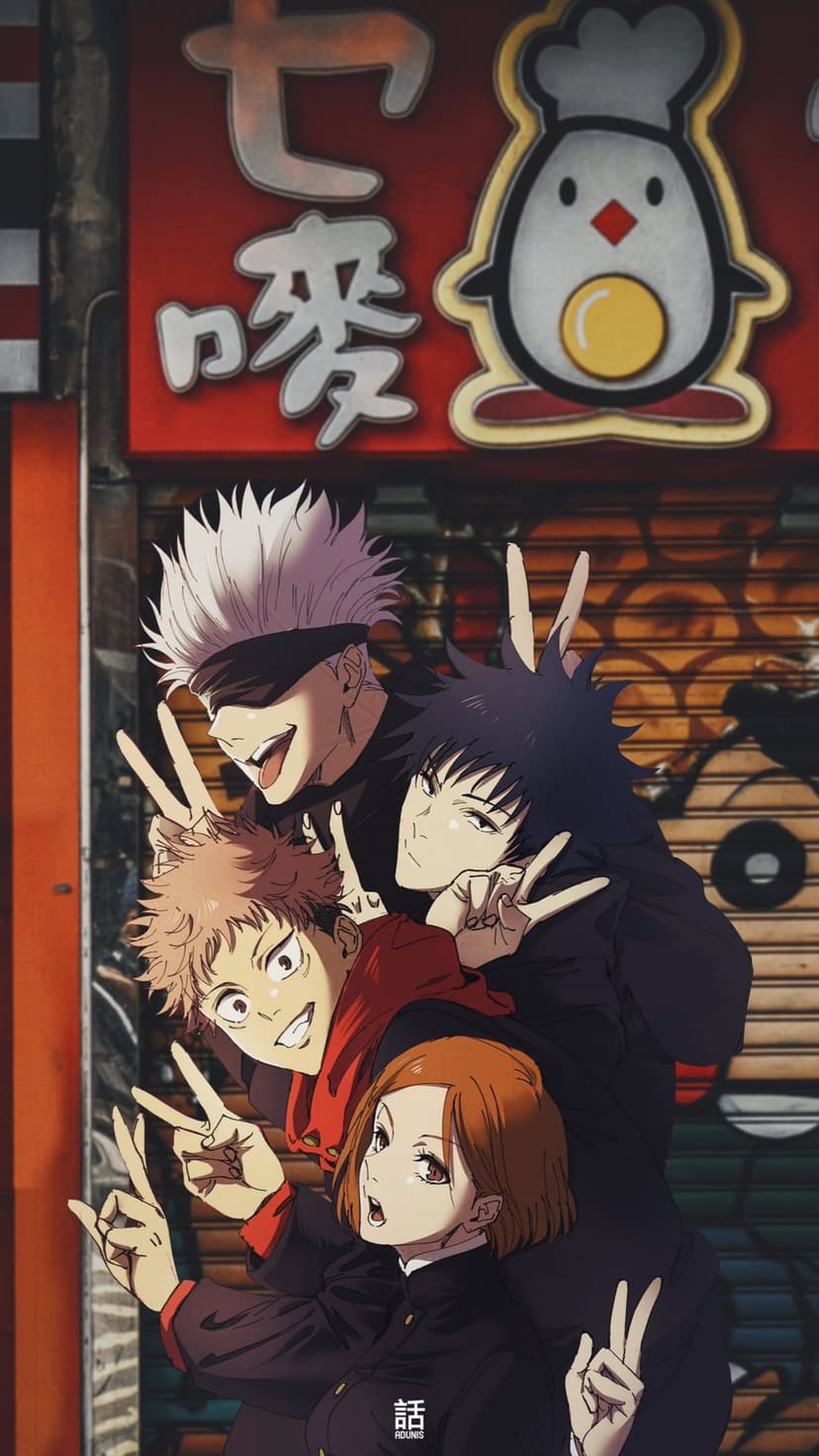Yuji, Megumi, Nobara, and Gojo flash peace signs before a red shop sign and a graffitied metal shutter.