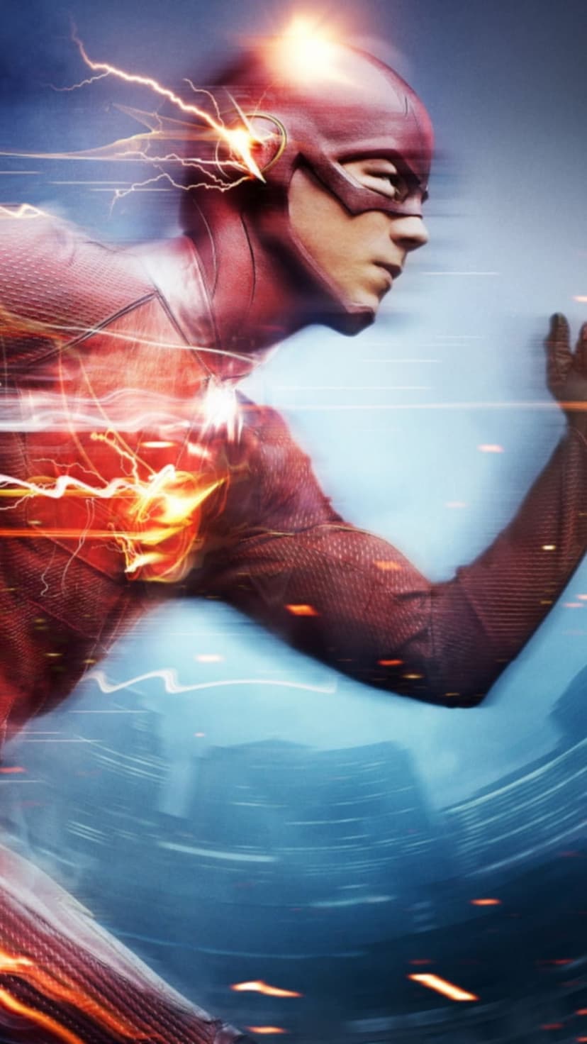 The Flash sprints mid-stride with golden lightning bolts and red energy trails through a blurred dark city scene.