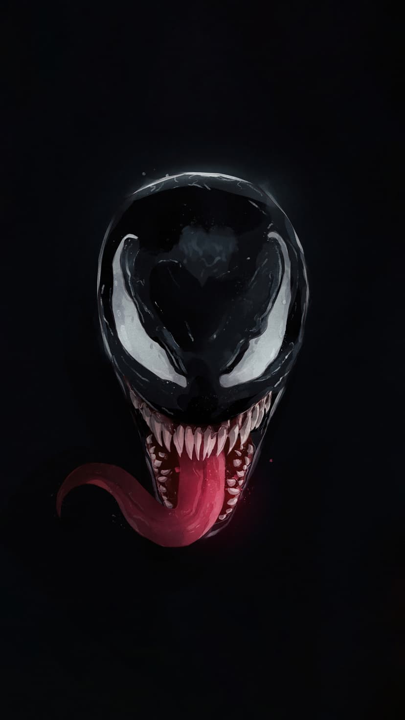 Venom's black face features large white eyes, rows of pointed teeth, and a long curved red tongue against a dark void.