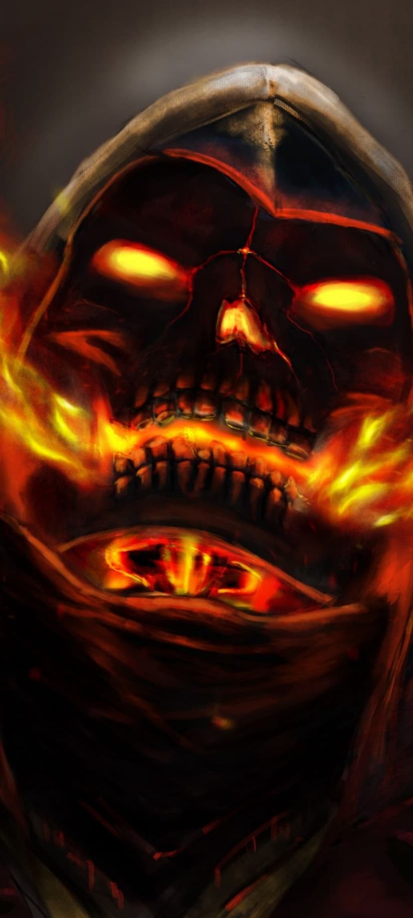 Skeletal reaper with a burning face and glowing yellow eyes under a black hood surrounded by orange flames.