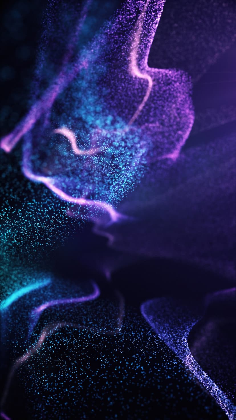 Glowing purple and blue particles swirl in a dense cloud with luminous tendrils against a dark background.