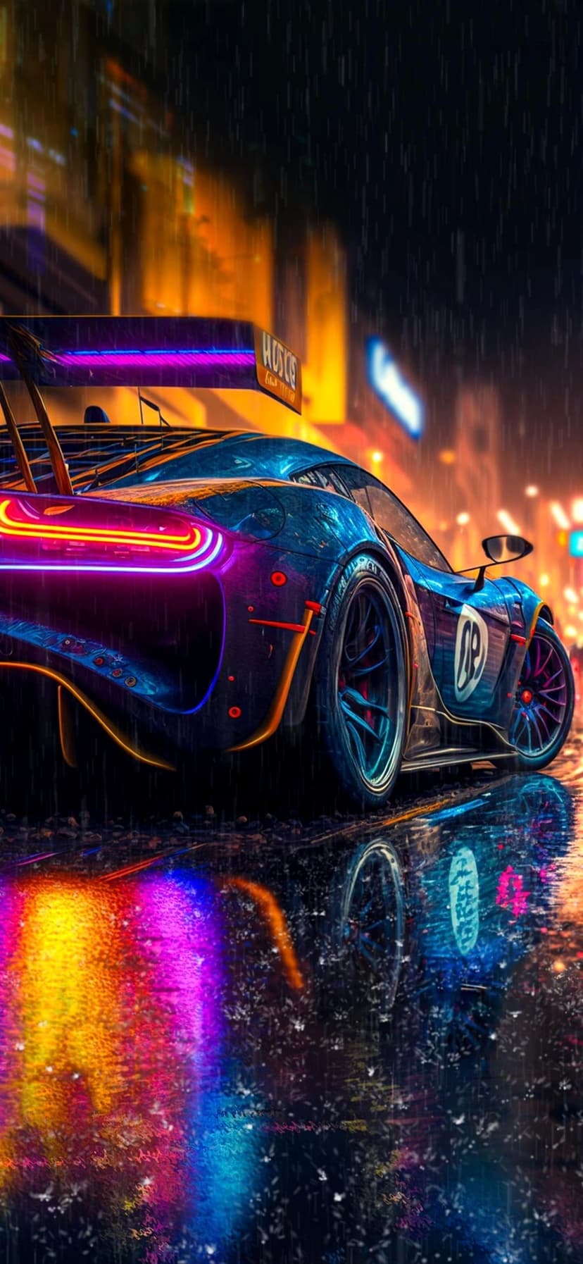 Futuristic race car with neon accents speeds on wet city pavement at night amid glowing street signs and reflections.