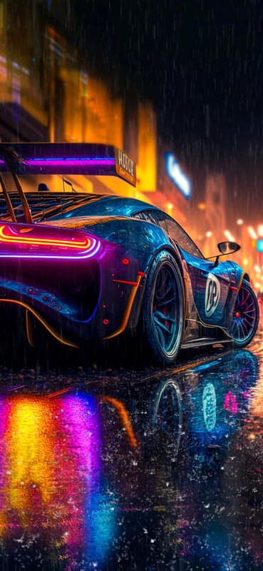 Cyberpunk Race Car in Neon Rain-Slicked City