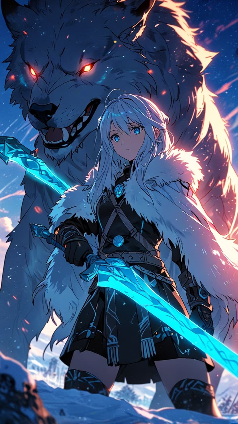 Silver-haired woman in fur-trimmed armor grips a glowing blue sword while a giant red-eyed wolf looms behind.