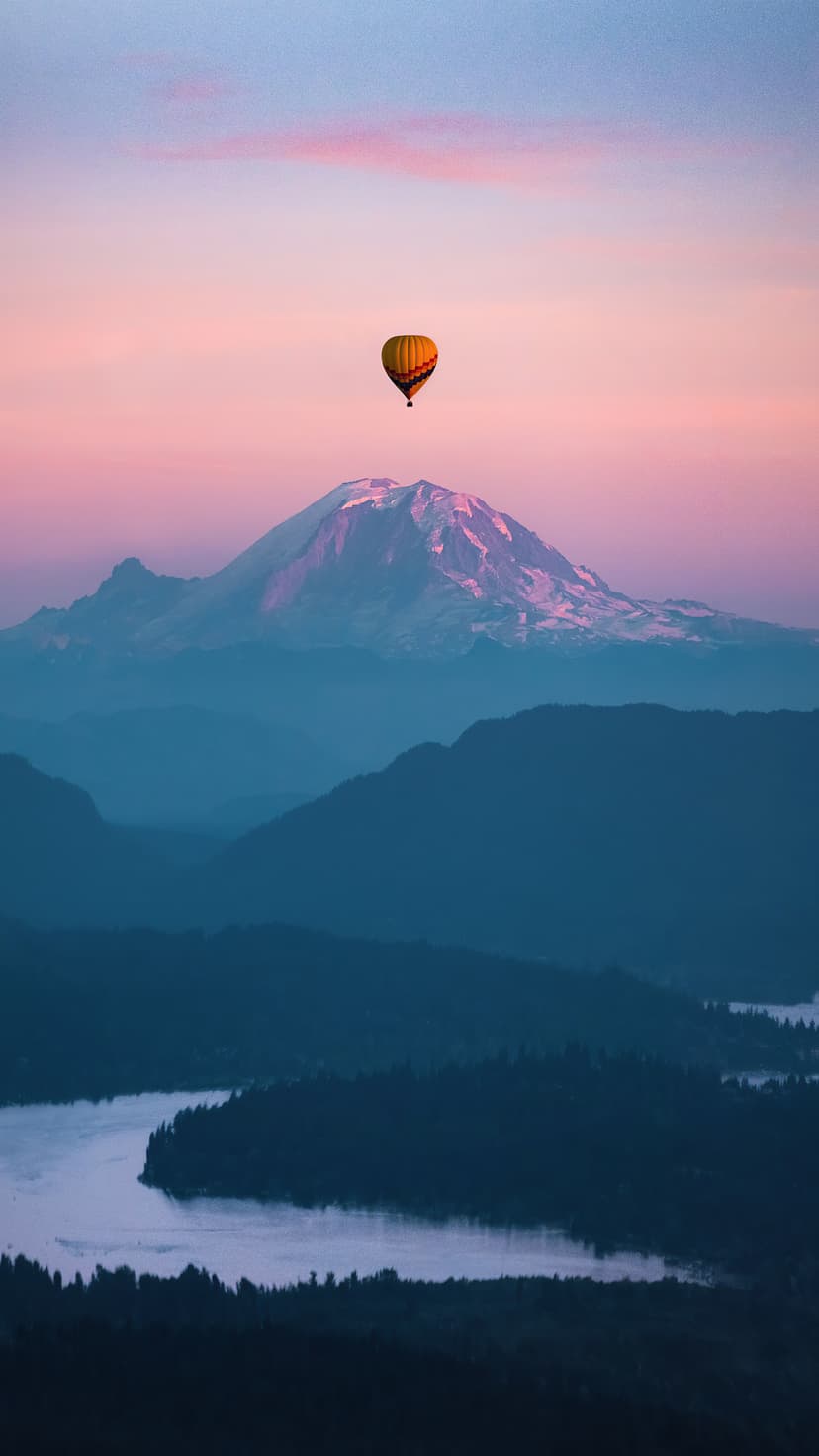 Yellow hot air balloon drifting over blue mountain ranges and a winding river toward a snow-capped alpine peak.