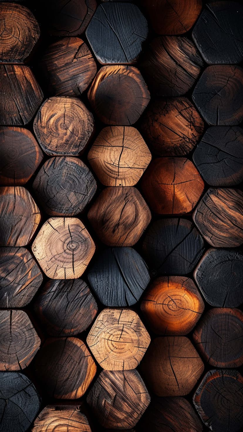 Hexagonal timber cross-sections with visible growth rings and natural cracks in varying brown and charcoal shades.