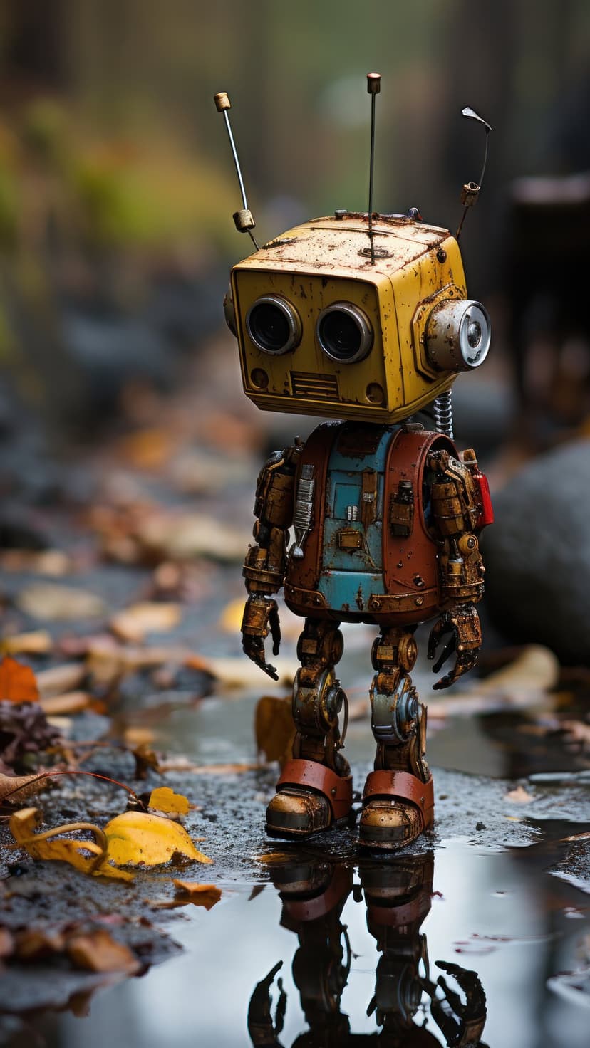 Rusty yellow-headed robot with circular lens eyes stands in a shallow puddle surrounded by fallen autumn leaves.